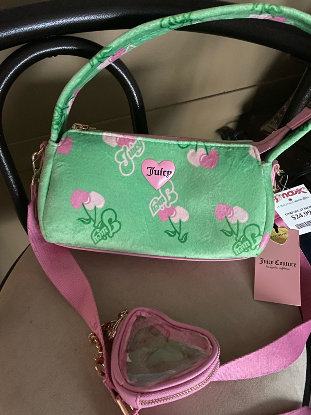 Juicy Couture Green Floral Crossbody with Pink Strap